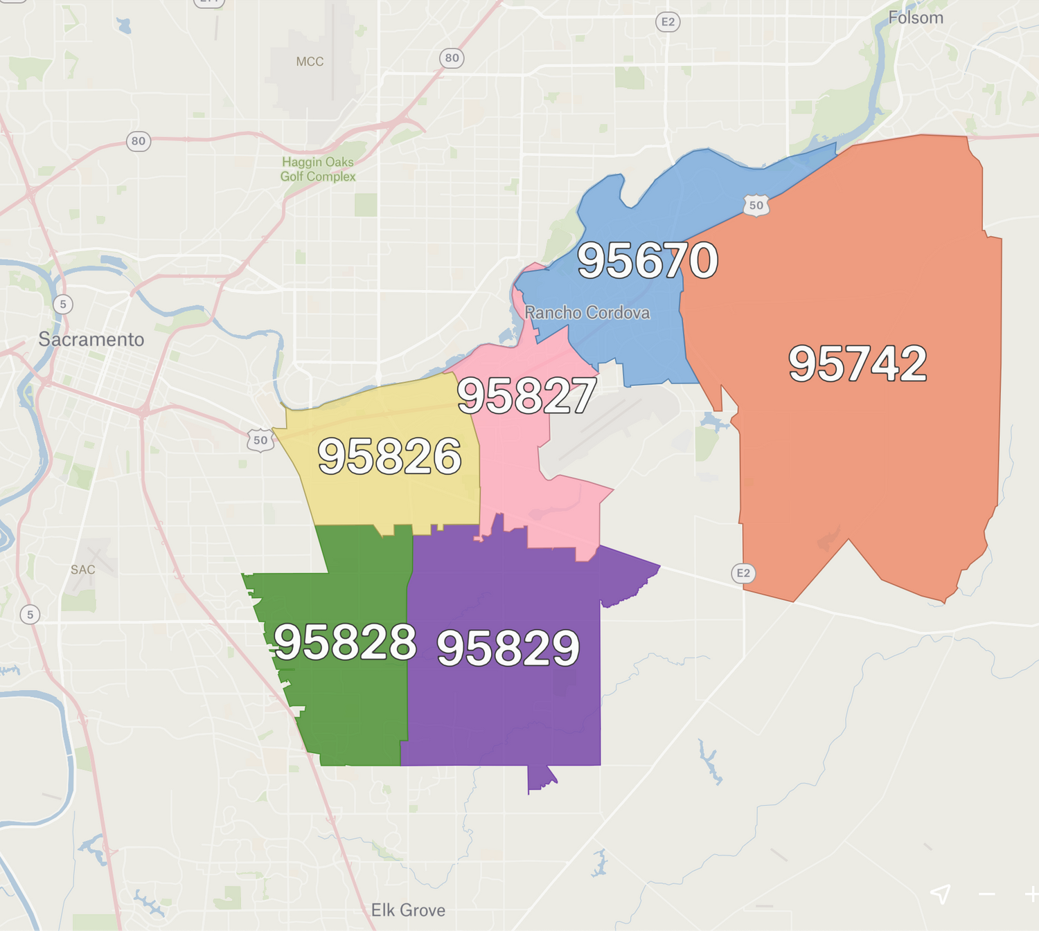 Map of Sacramento highlighting 6 different ZIP codes in different colors.
